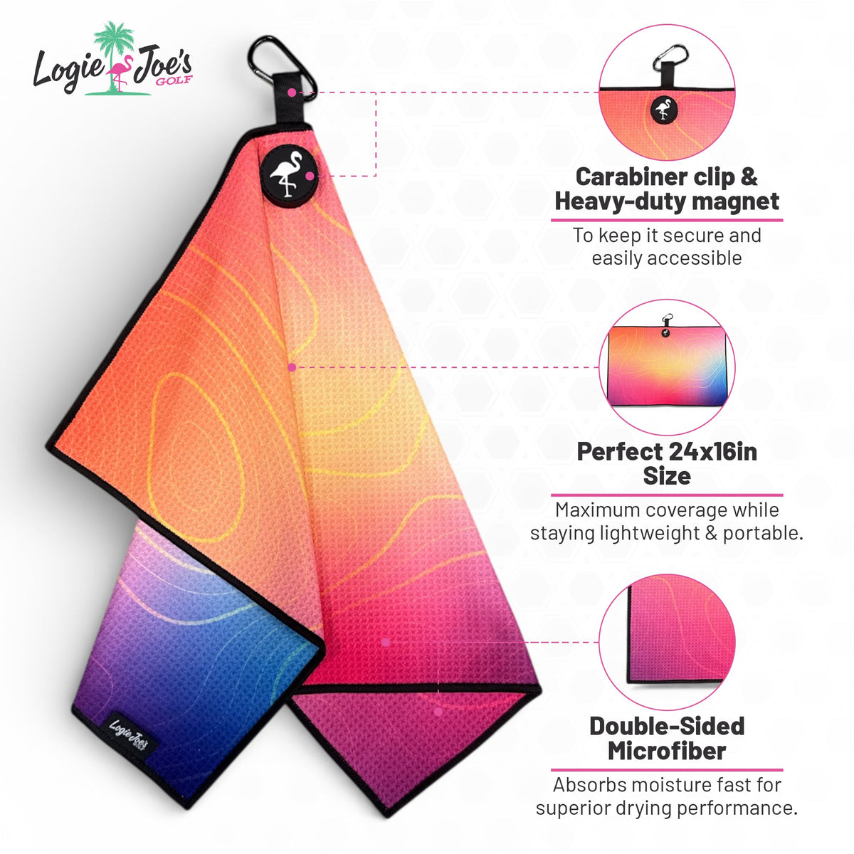 Neon Skull Golf Towel | Premium Double-Sided Microfiber | Heavy-Duty Magnetic Towel with Carabiner Clip | 24 x 16 in
